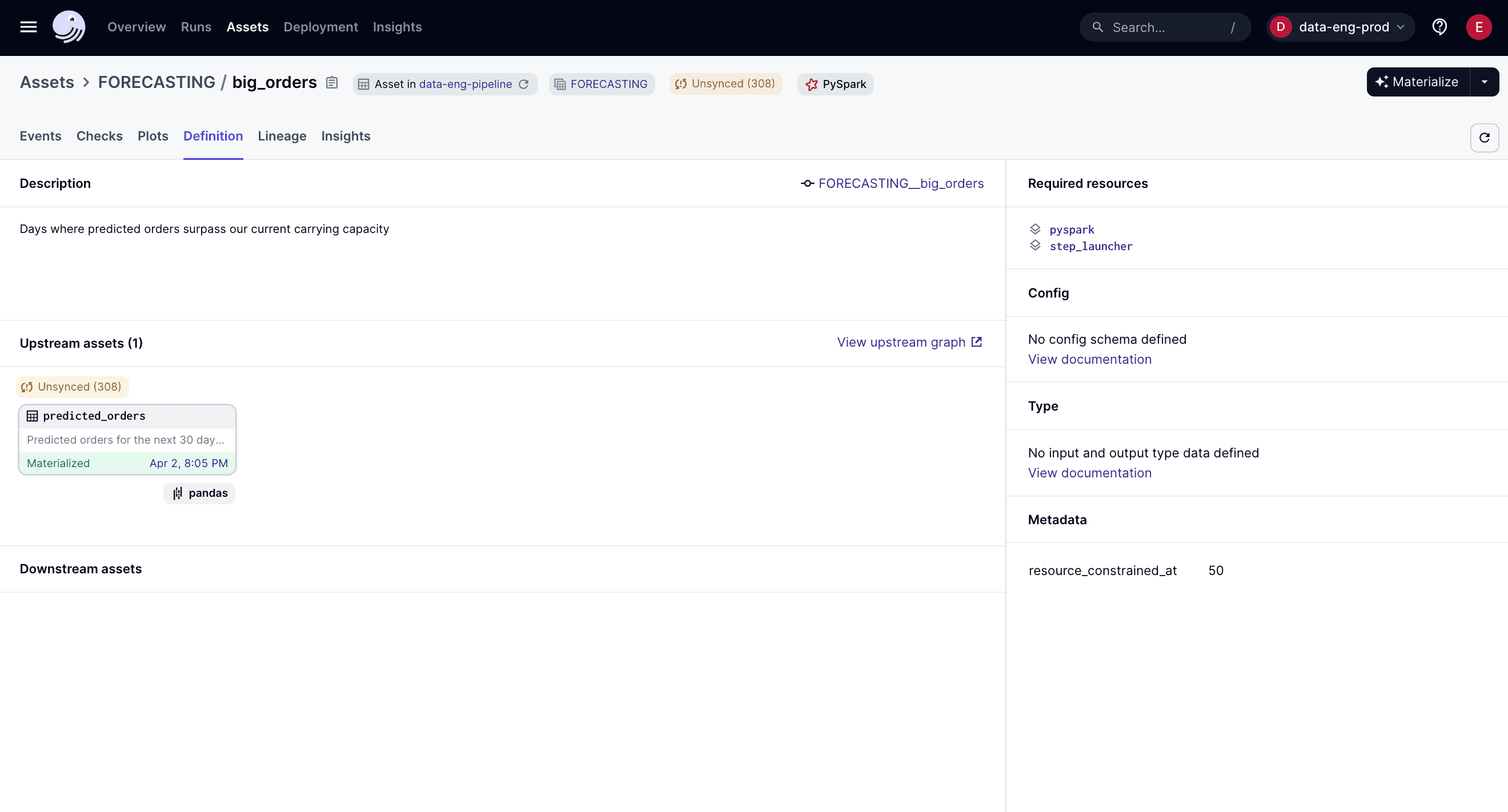 Definitions tab showing metadata in the Asset details page of the Dagster UI